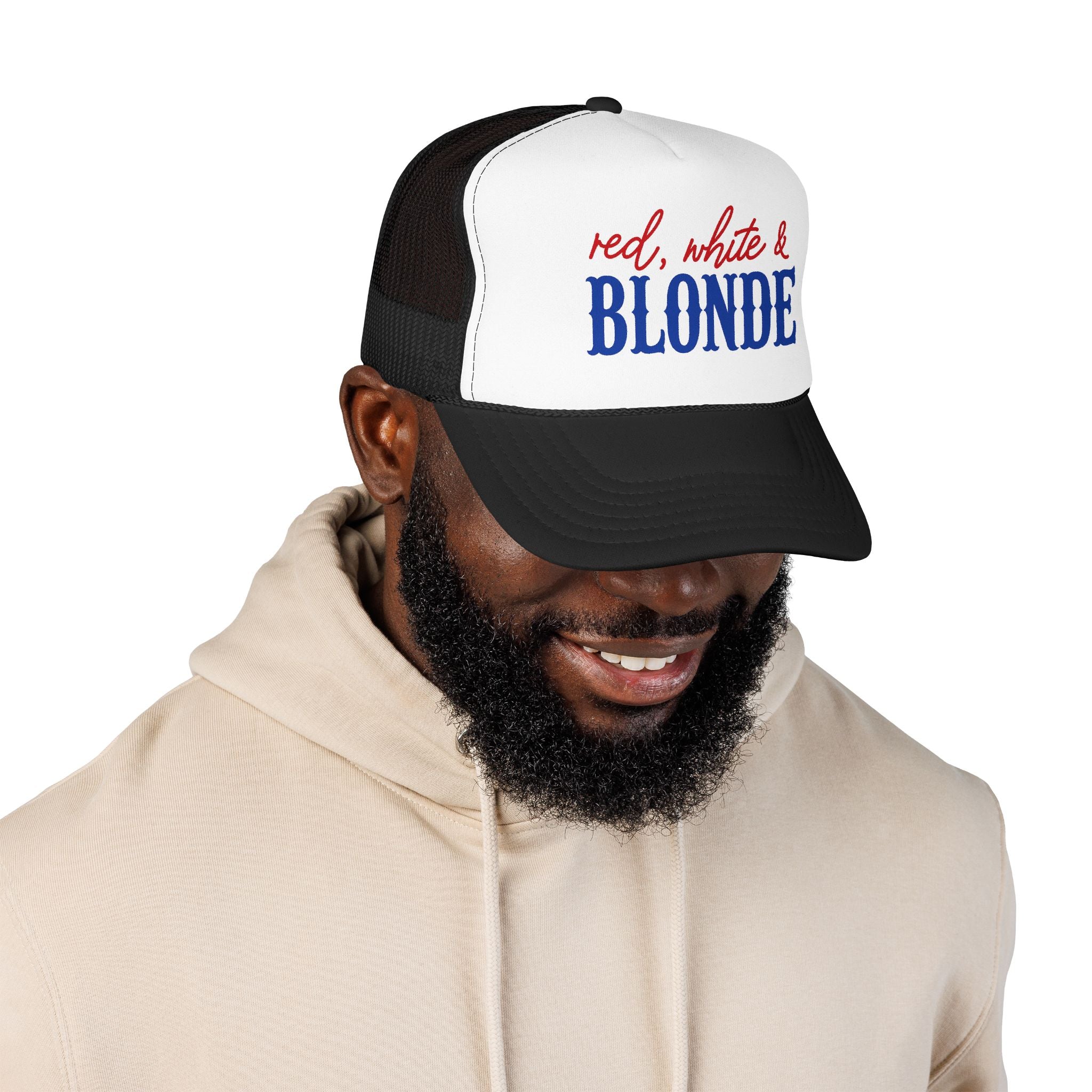 Red, White & Blonde Trucker Hat — Patriotic Blonde Foam Trucker Hat