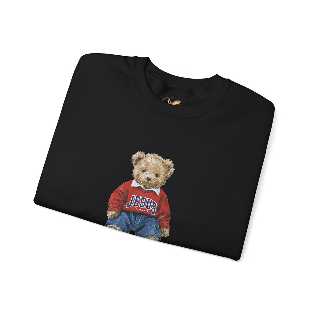 Crewneck Sweatshirt — Teddy Bear Wearing 'Jesus' Sweater Christian Graphic