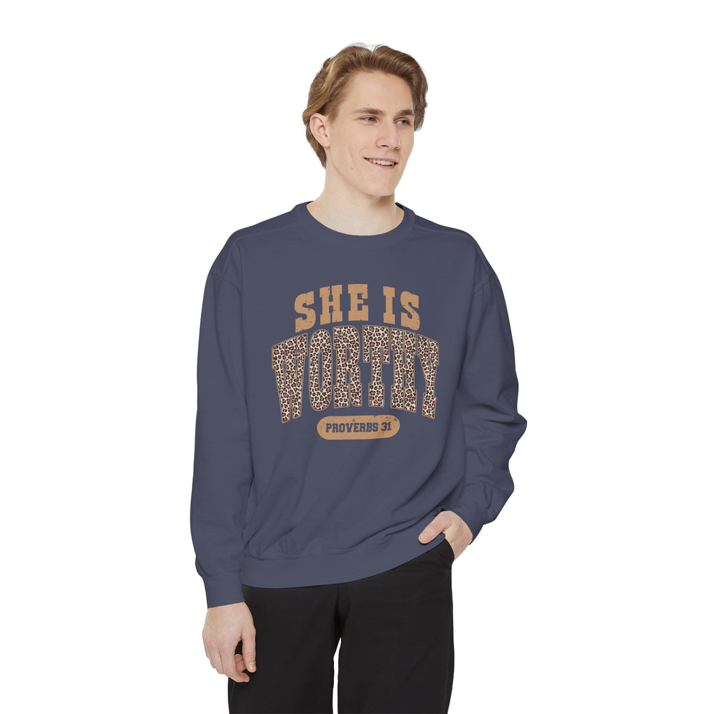 She Is Worthy Sweatshirt — Leopard Print Proverbs 31 Inspirational Pullover
