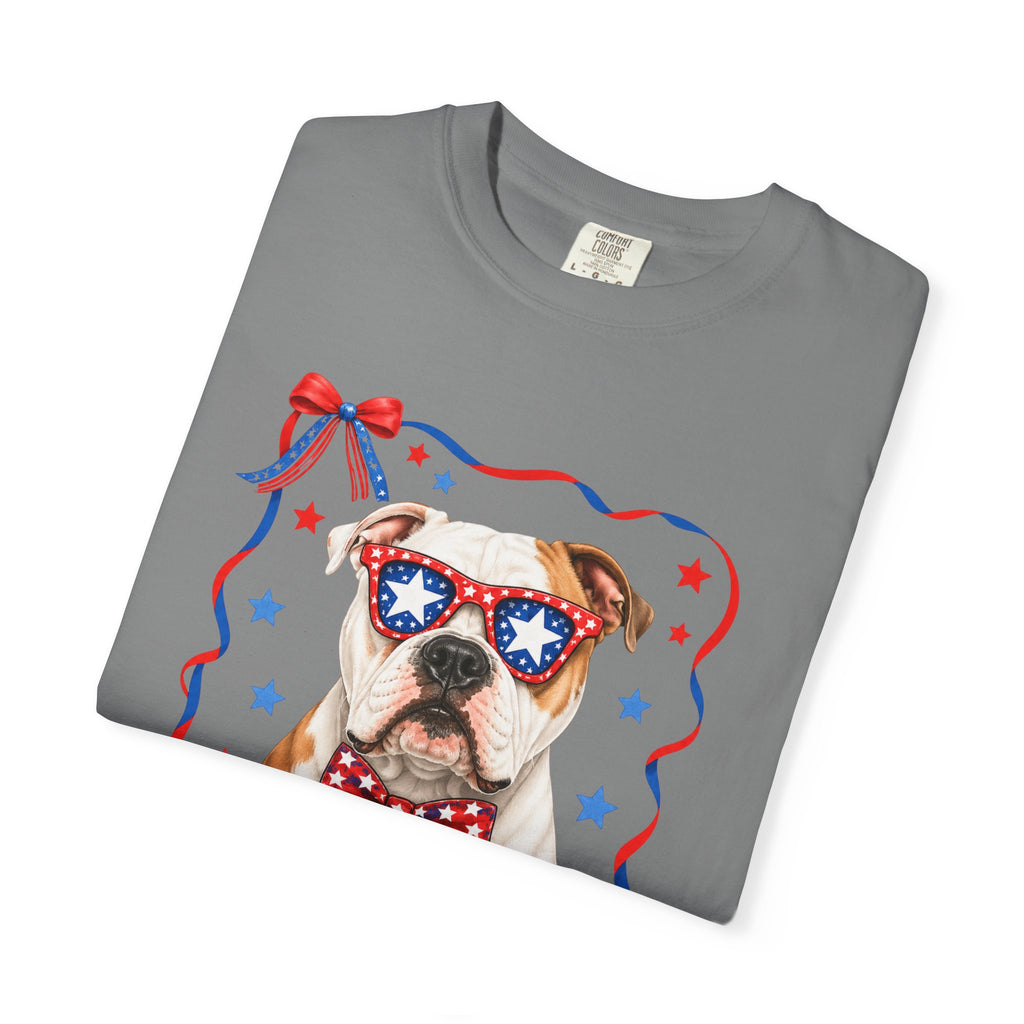 T-Shirt | 'Merica Patriotic Dog Graphic Tee – American Flag Sunglasses & Bow Tie