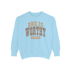 She Is Worthy Sweatshirt — Leopard Print Proverbs 31 Inspirational Pullover
