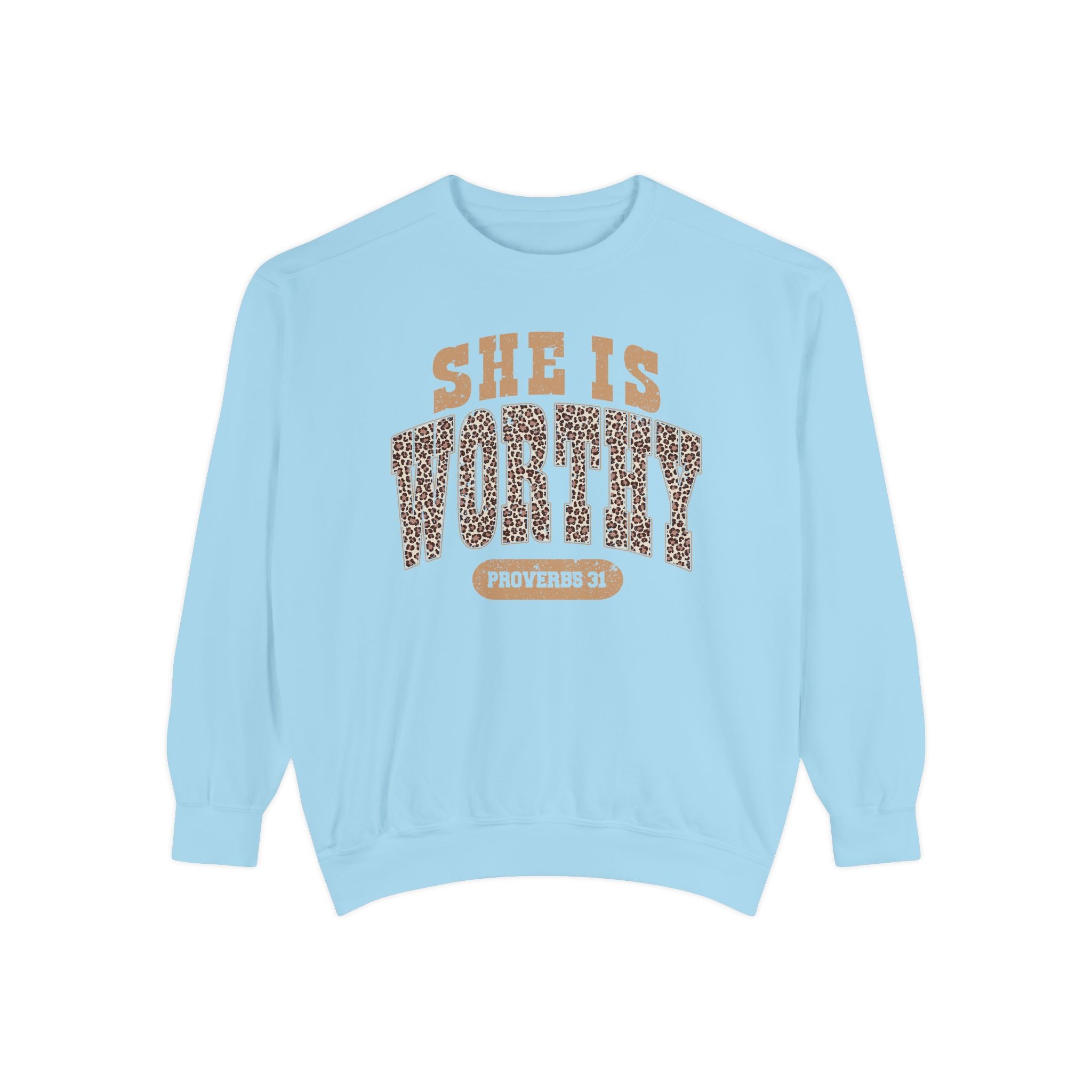 She Is Worthy Sweatshirt — Leopard Print Proverbs 31 Inspirational Pullover