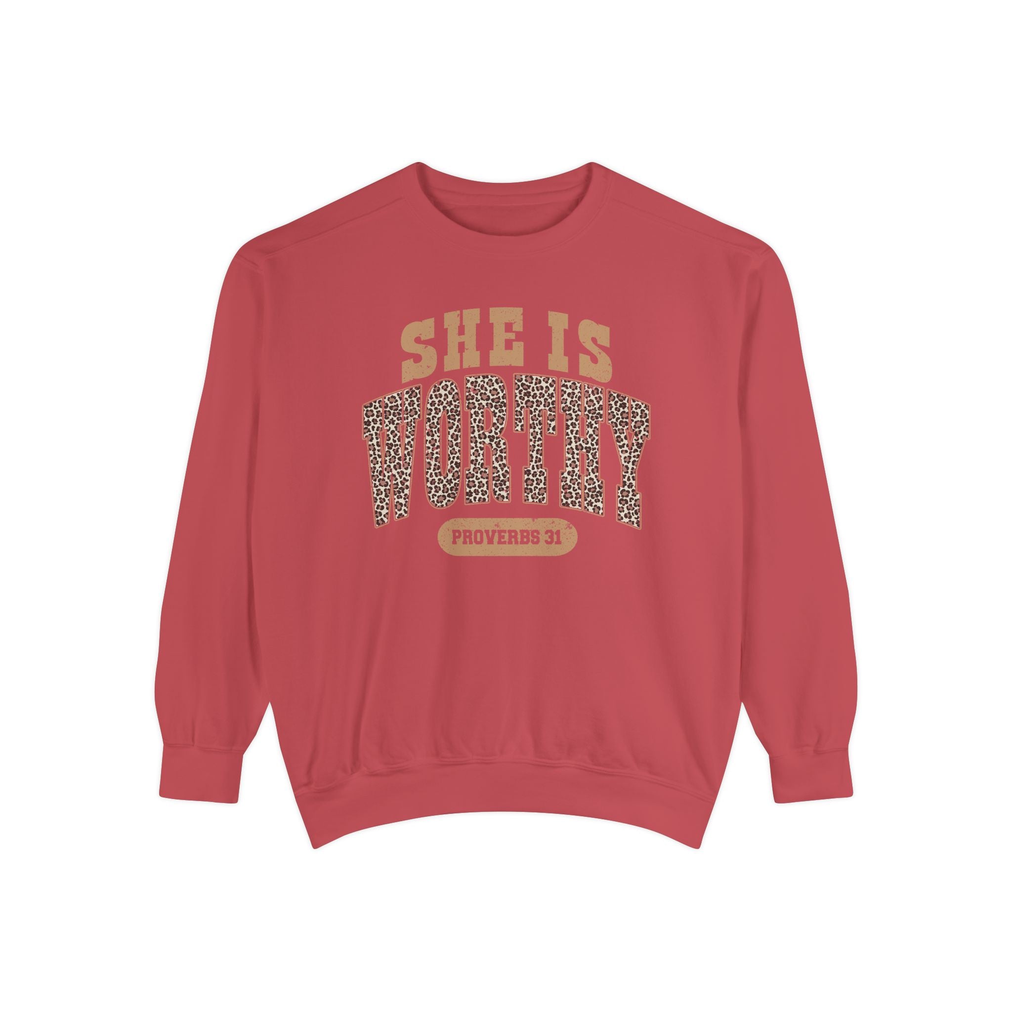 She Is Worthy Sweatshirt — Leopard Print Proverbs 31 Inspirational Pullover