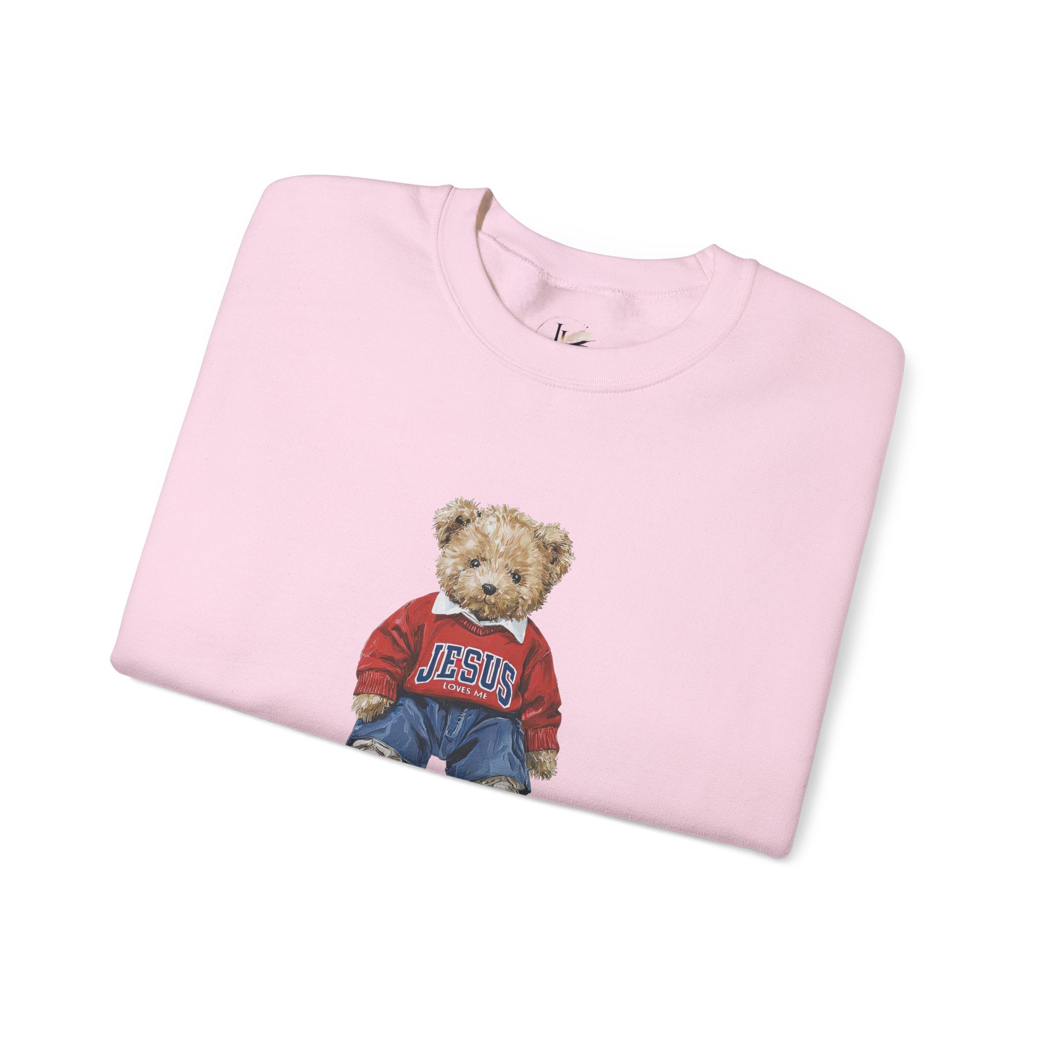 Crewneck Sweatshirt — Teddy Bear Wearing 'Jesus' Sweater Christian Graphic