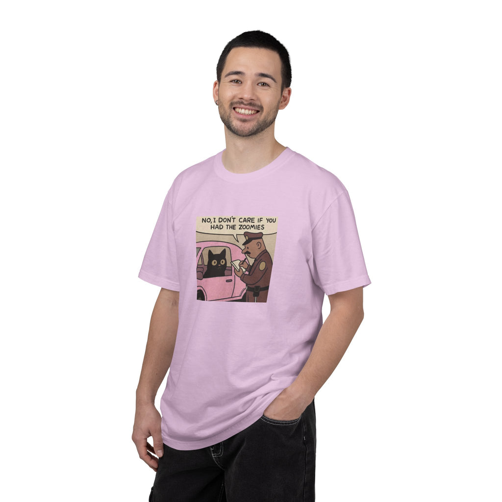 Funny Cat Cop T-Shirt — "No, I Don't Care If You Had The Zoomies" Graphic Tee