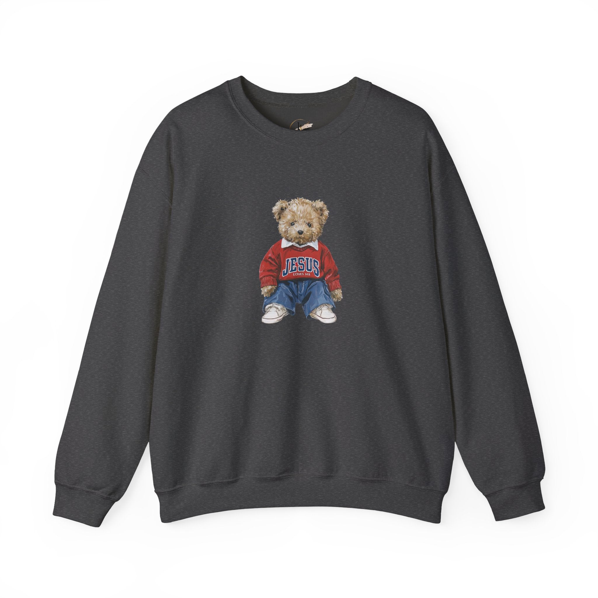 Crewneck Sweatshirt — Teddy Bear Wearing 'Jesus' Sweater Christian Graphic