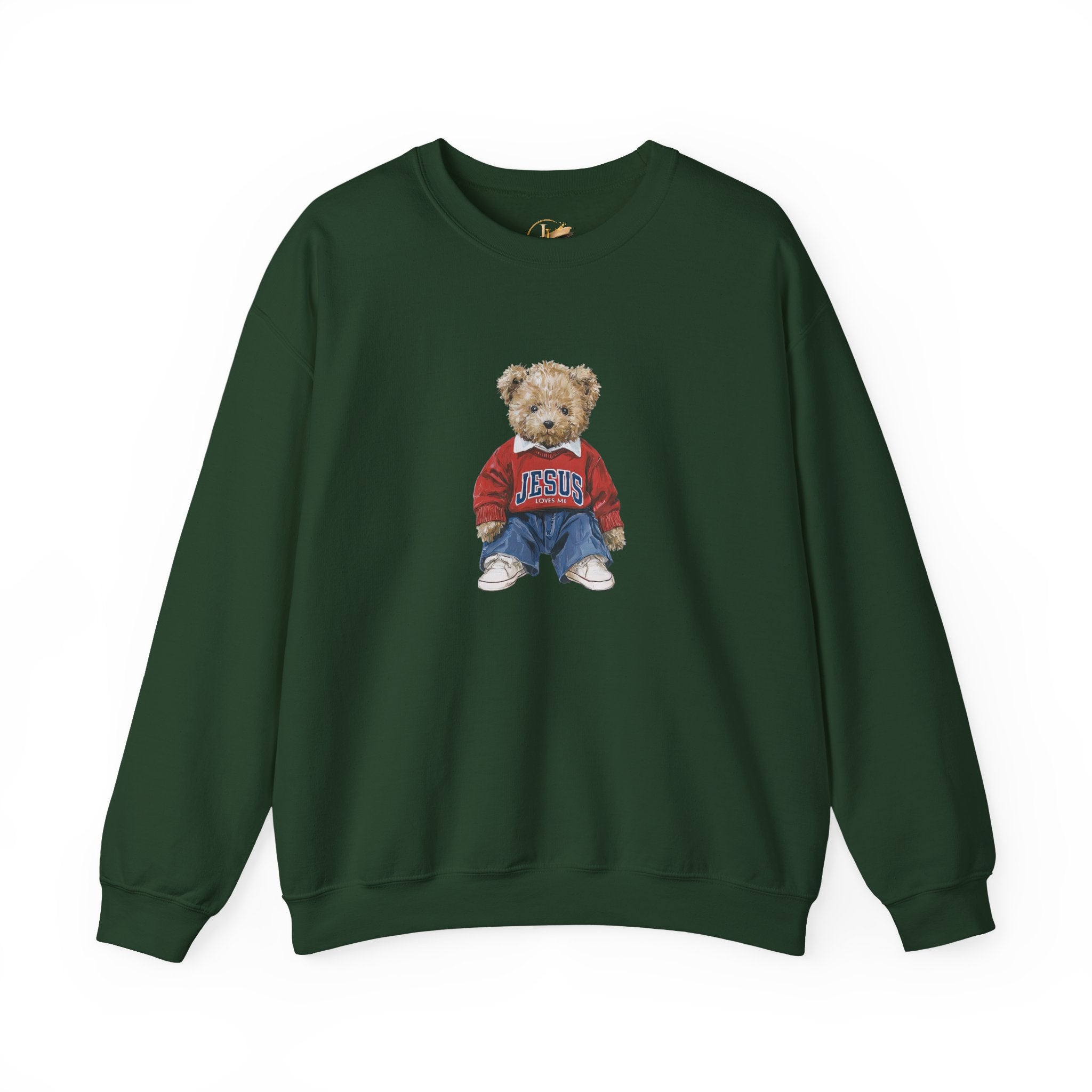 Crewneck Sweatshirt — Teddy Bear Wearing 'Jesus' Sweater Christian Graphic