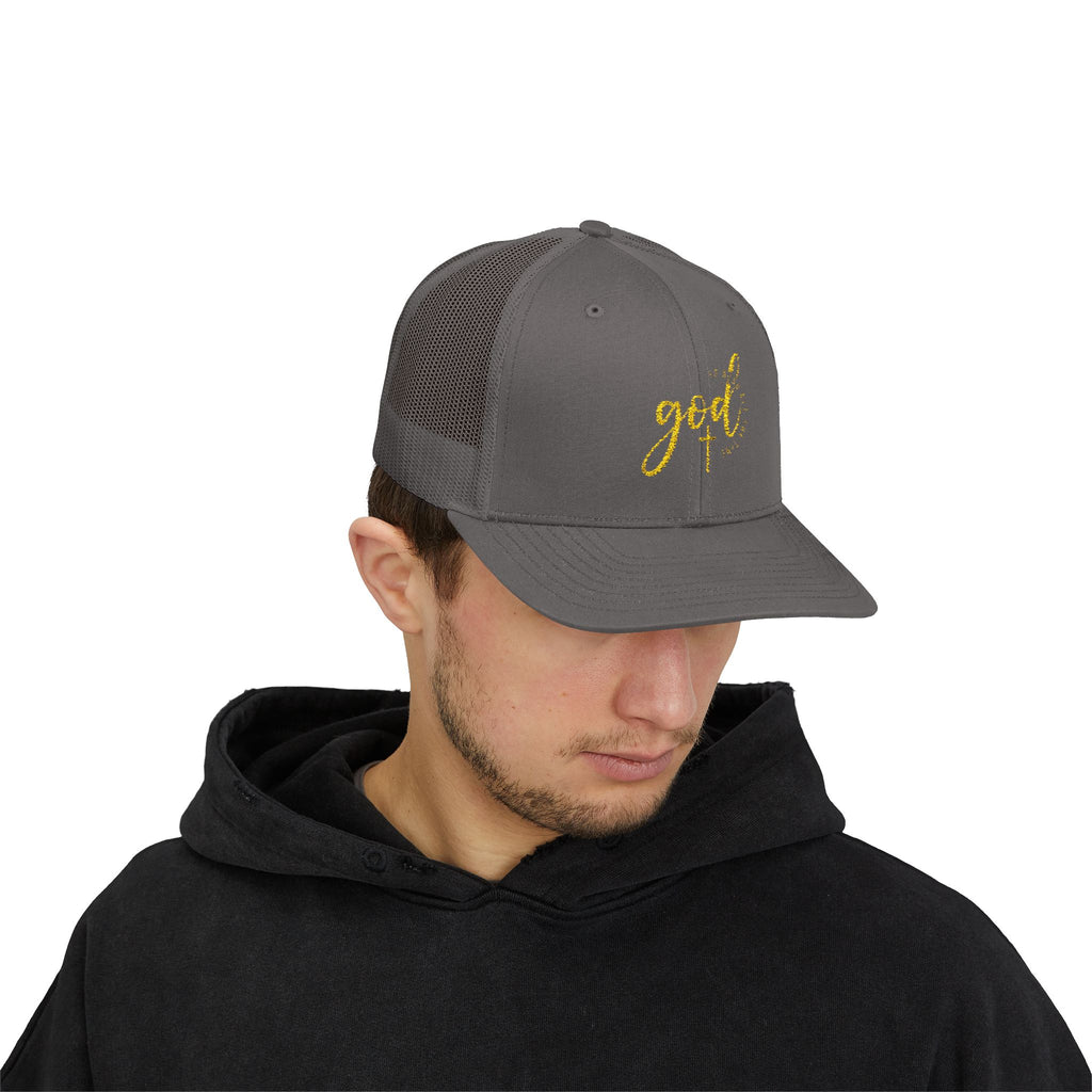 God Script Trucker Cap — Gold Sparkle Faith Snapback