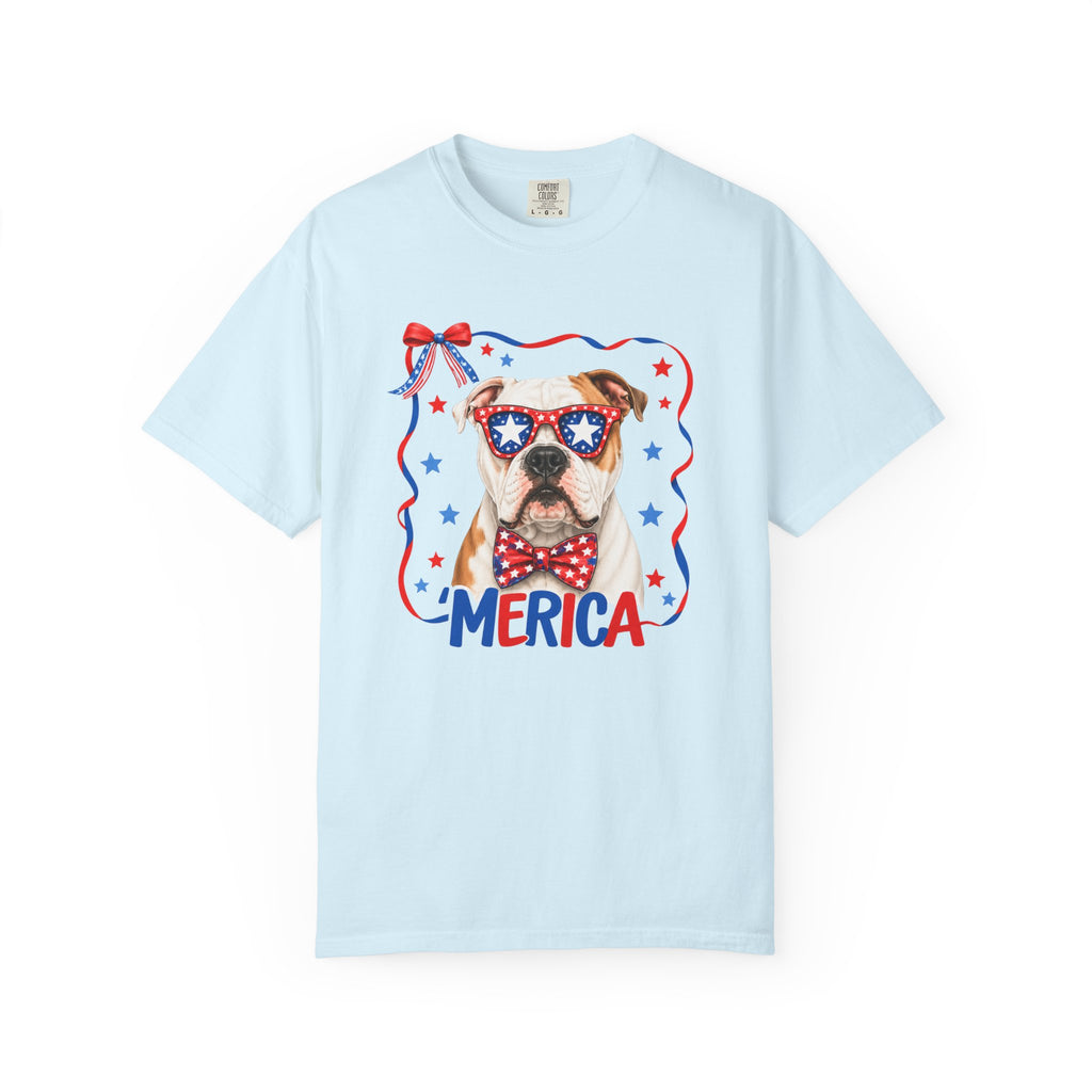 T-Shirt | 'Merica Patriotic Dog Graphic Tee – American Flag Sunglasses & Bow Tie
