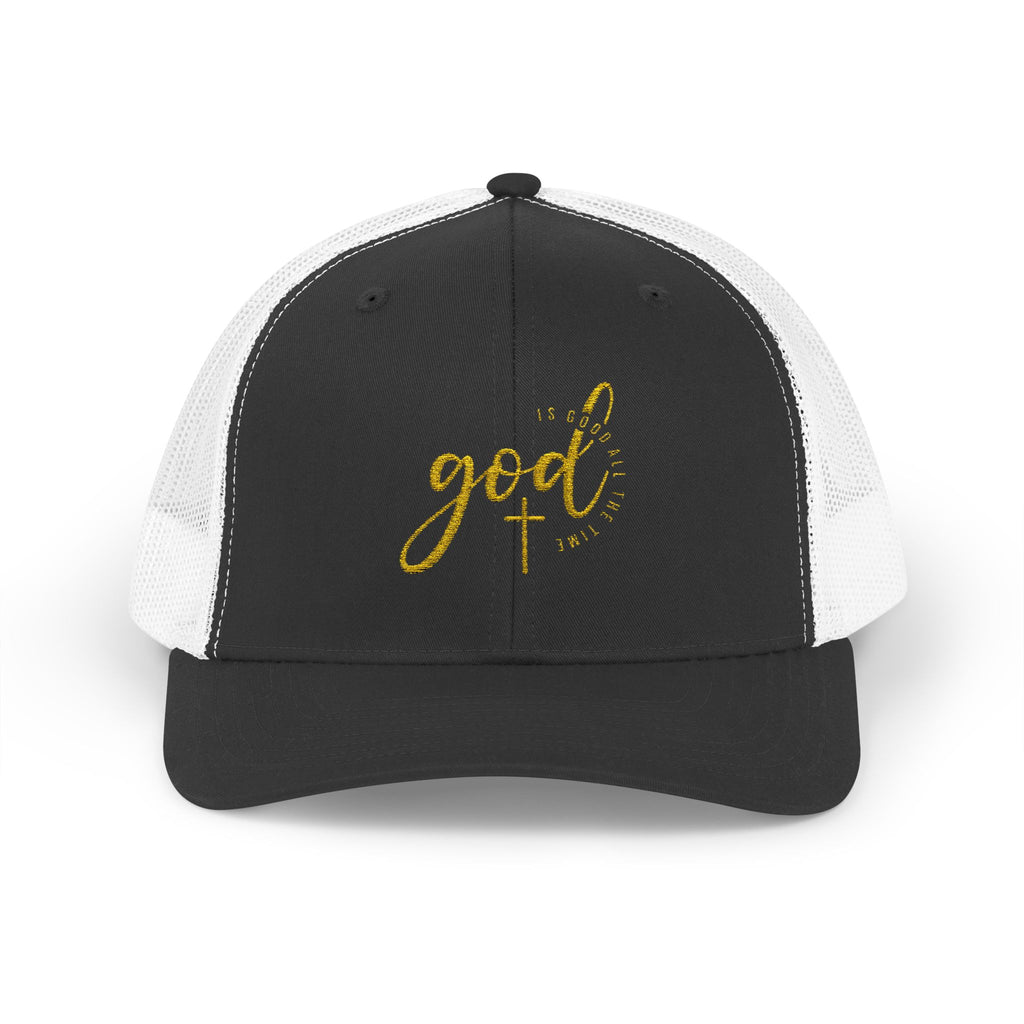 God Script Trucker Cap — Gold Sparkle Faith Snapback