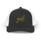 God Script Trucker Cap — Gold Sparkle Faith Snapback