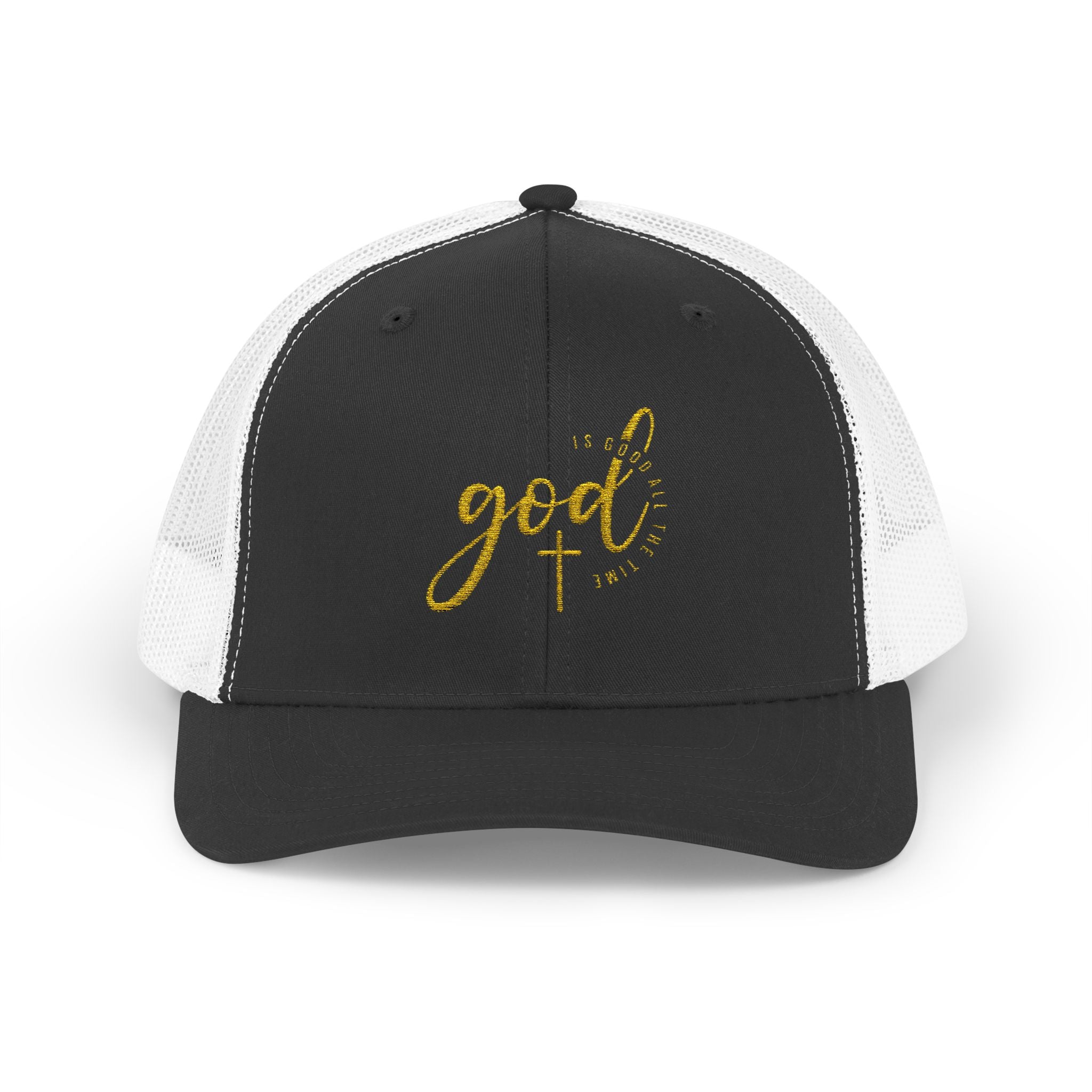 God Script Trucker Cap — Gold Sparkle Faith Snapback