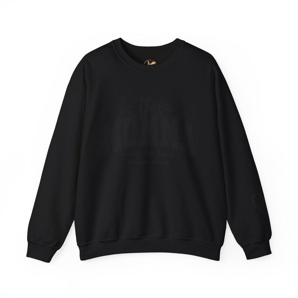Customized Momma, Gigi, Grammy, Grandma, Mama, Mom, or Nana  Crewneck Sweatshirt – “This ….. Wears Her Heart on Her Sleeve” Cozy Pullover