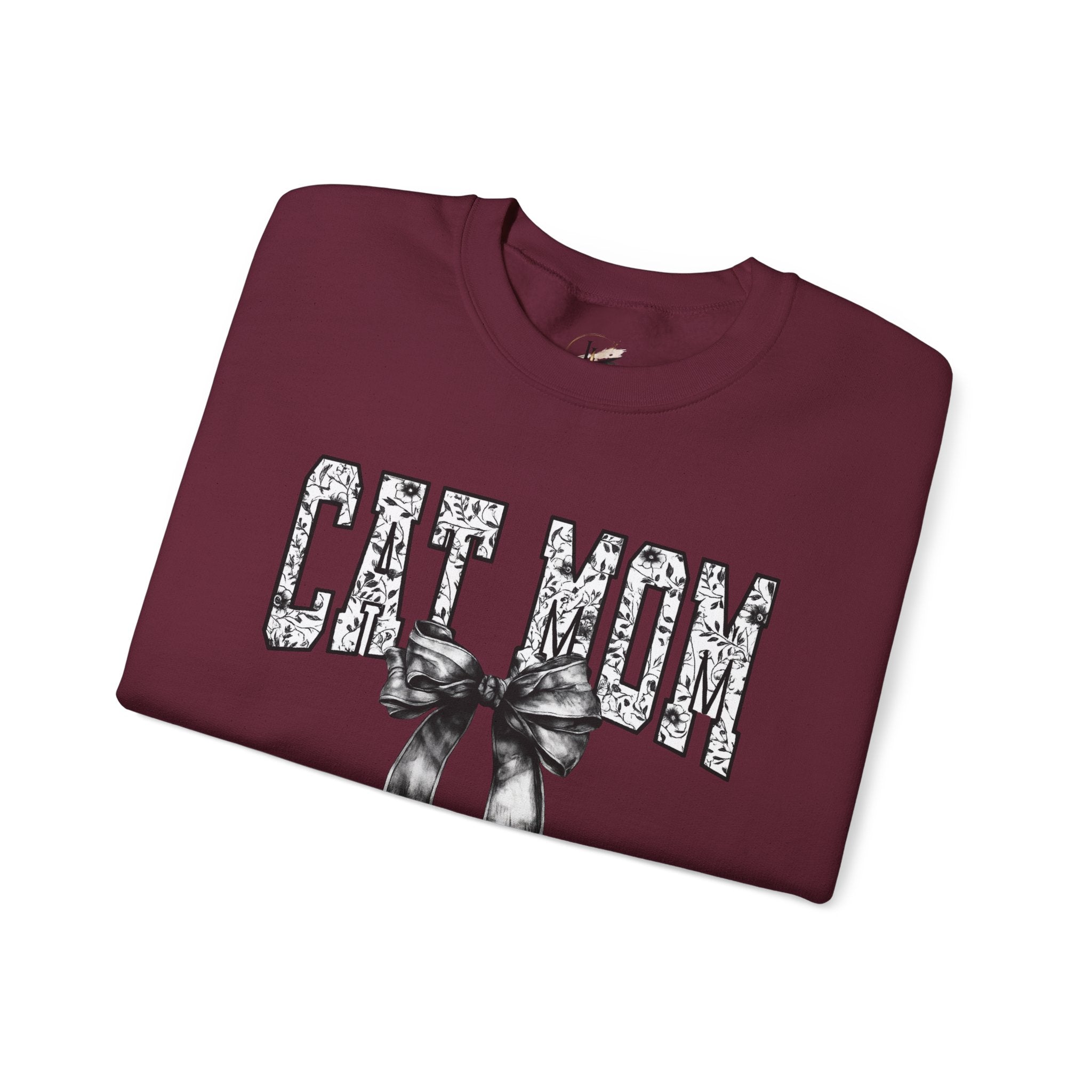 Cat Mom Crewneck Sweatshirt — Floral Lettering with Bow
