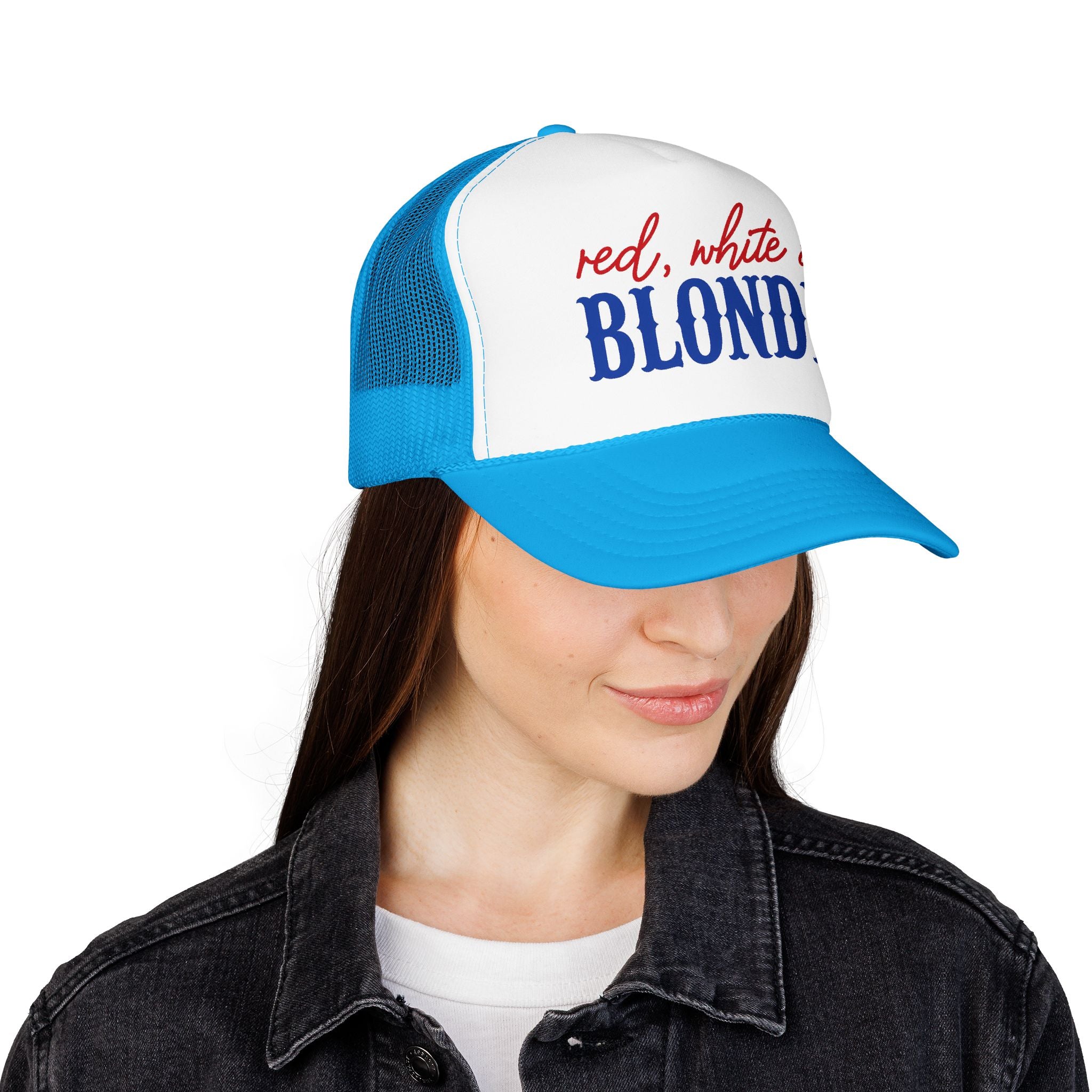 Red, White & Blonde Trucker Hat — Patriotic Blonde Foam Trucker Hat