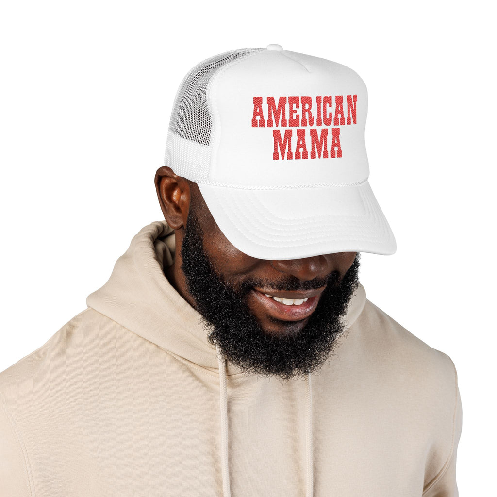 American Mama Trucker Hat - Vintage Red Distressed Foam Mesh Cap for Patriotic Moms