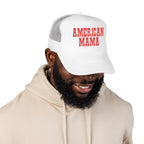 American Mama Trucker Hat - Vintage Red Distressed Foam Mesh Cap for Patriotic Moms