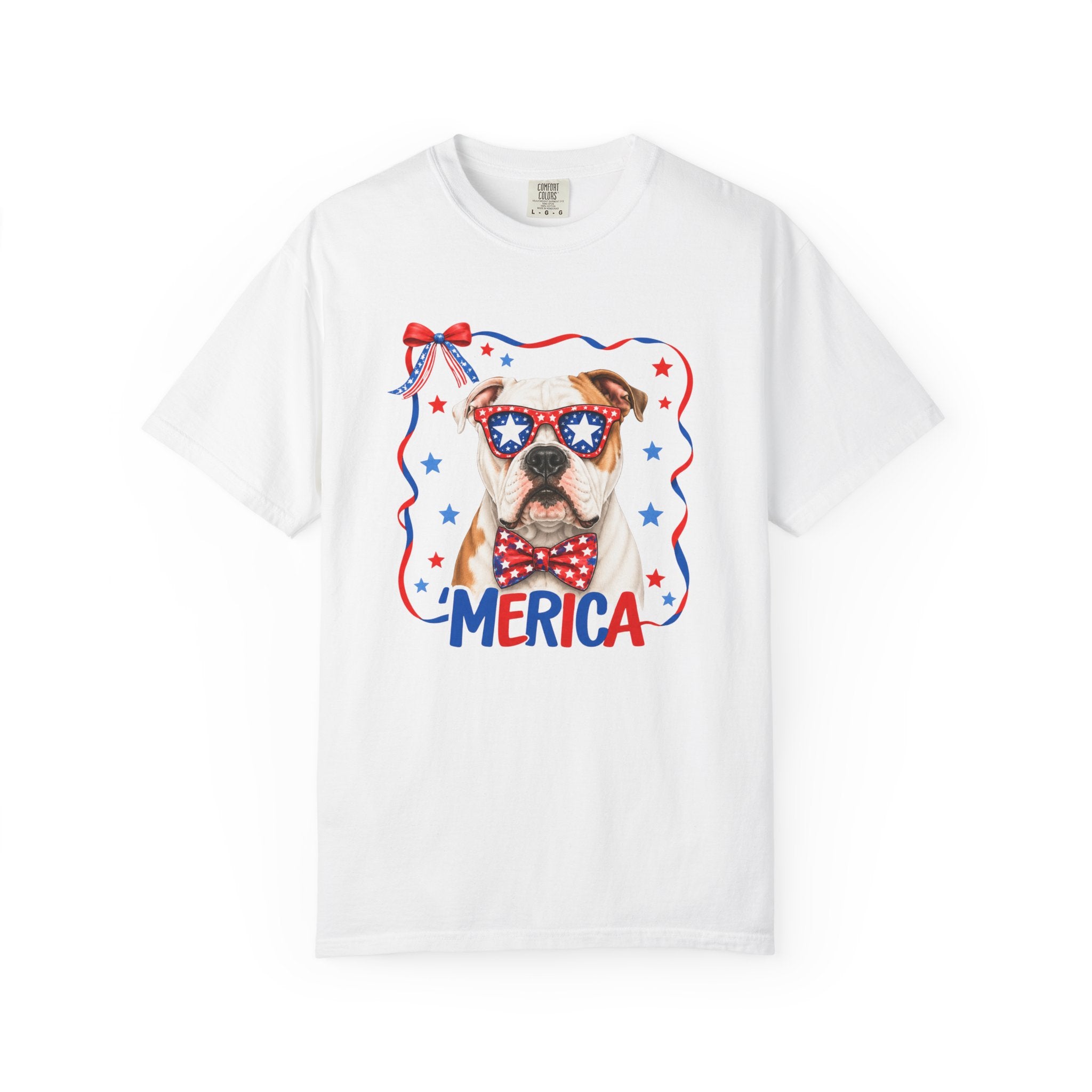 T-Shirt | 'Merica Patriotic Dog Graphic Tee – American Flag Sunglasses & Bow Tie