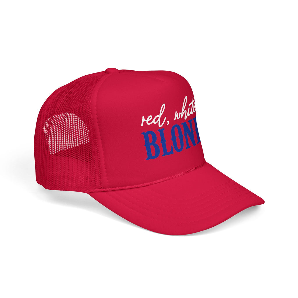 Red, White & Blonde Trucker Hat — Patriotic Blonde Foam Trucker Hat