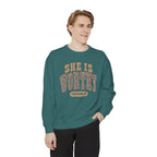 She Is Worthy Sweatshirt — Leopard Print Proverbs 31 Inspirational Pullover