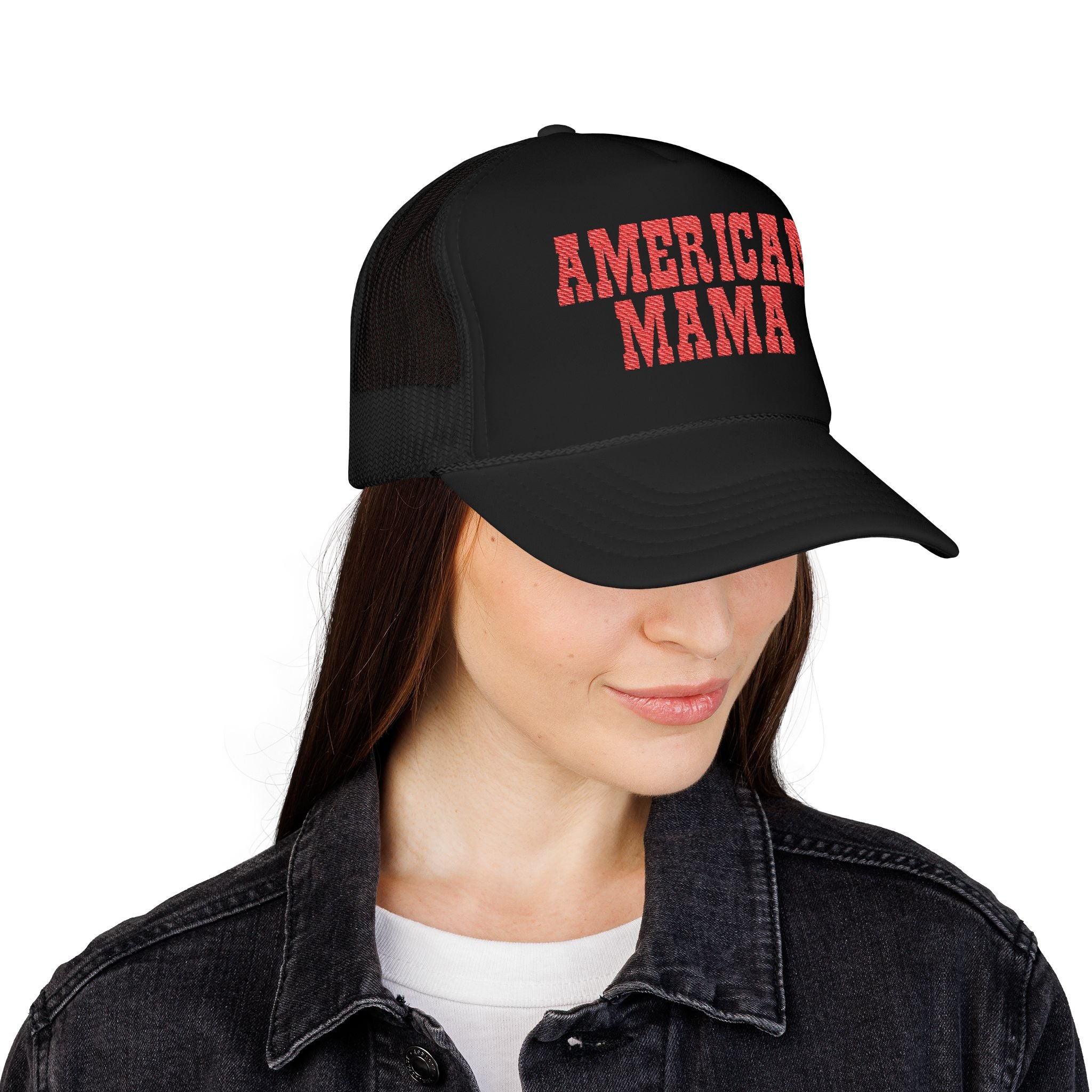 American Mama Trucker Hat - Vintage Red Distressed Foam Mesh Cap for Patriotic Moms