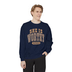 She Is Worthy Sweatshirt — Leopard Print Proverbs 31 Inspirational Pullover