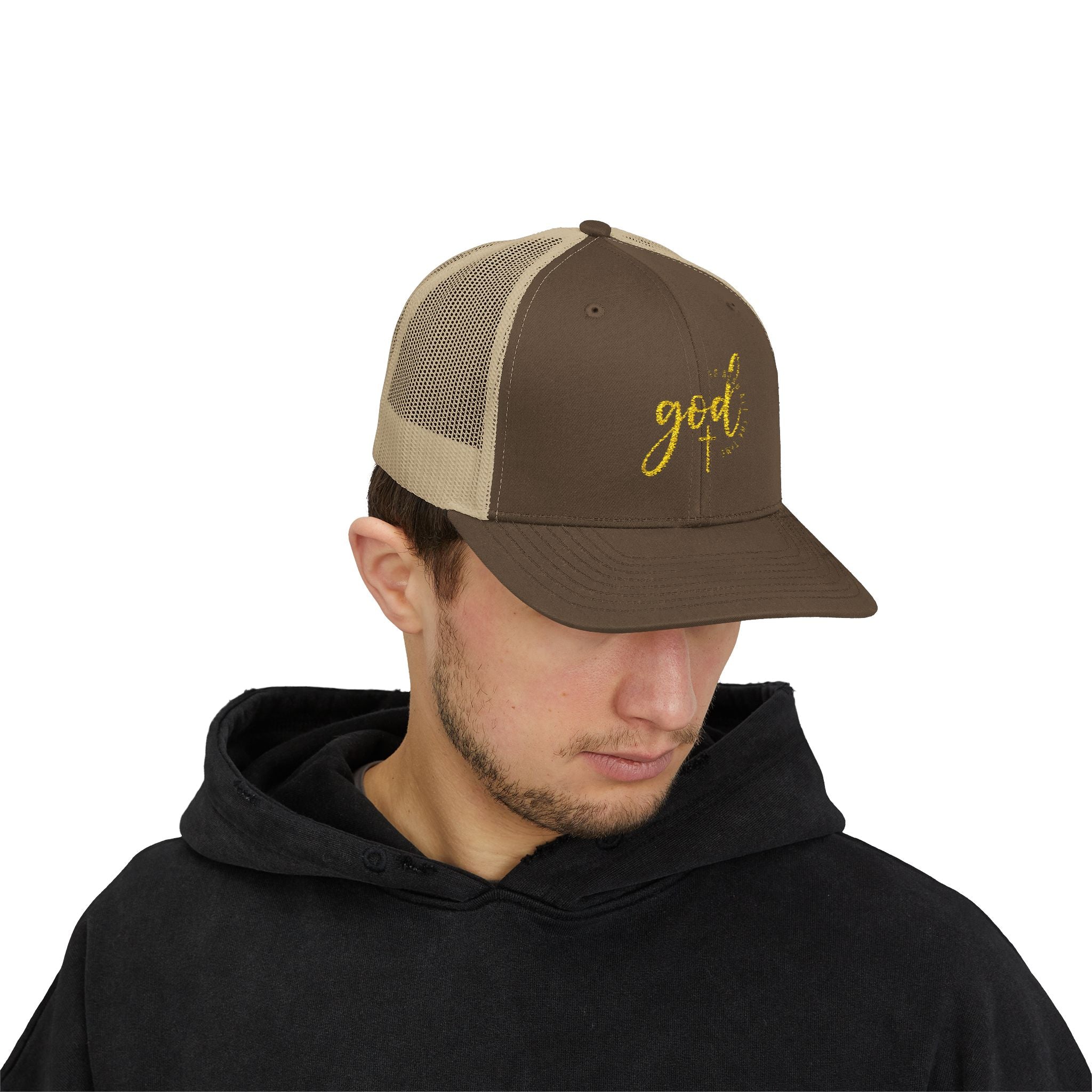 God Script Trucker Cap — Gold Sparkle Faith Snapback
