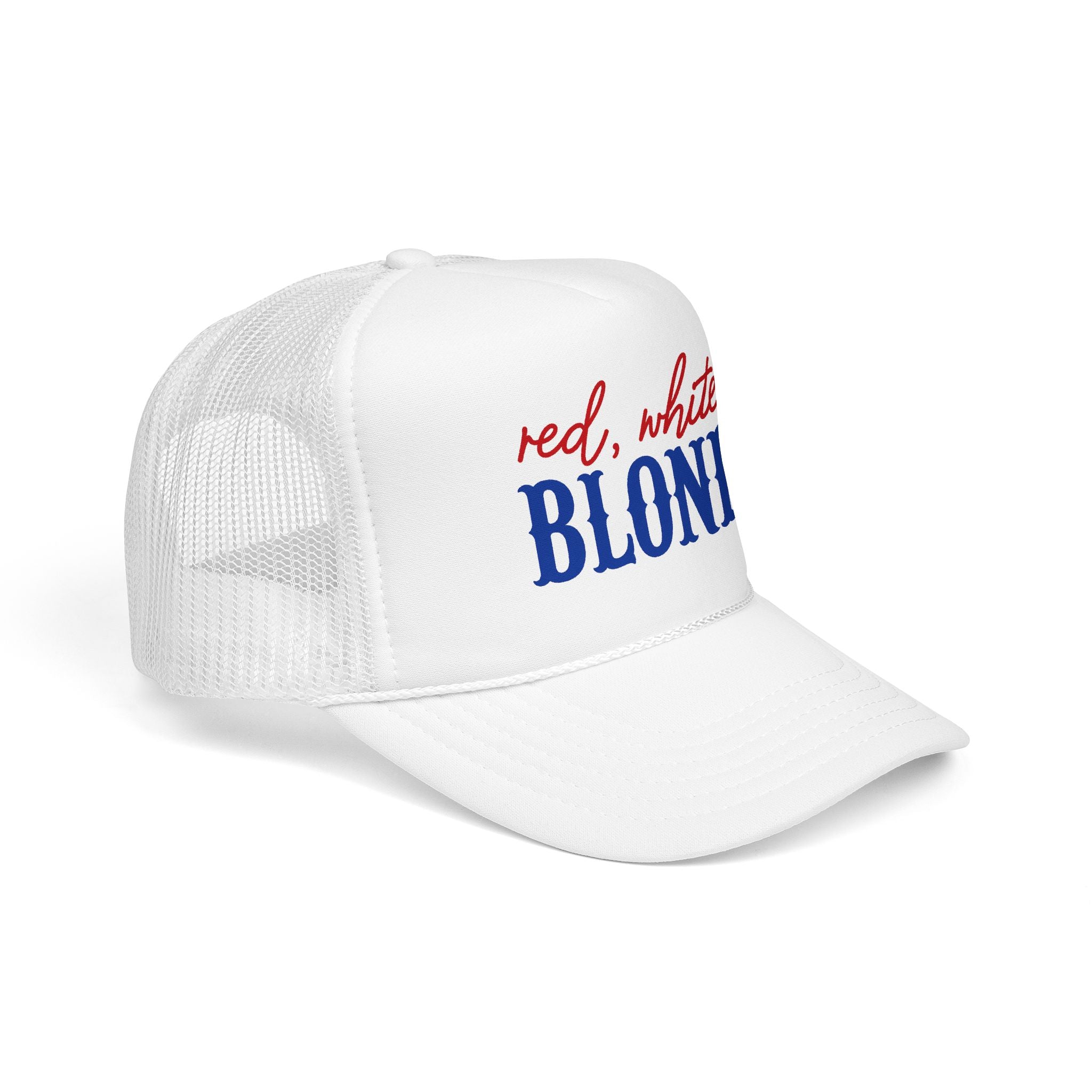 Red, White & Blonde Trucker Hat — Patriotic Blonde Foam Trucker Hat