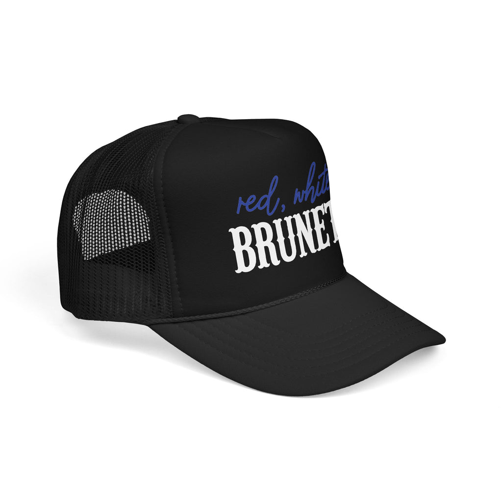 Red, White & Brunette Trucker Hat — Patriotic Foam Mesh Cap for Women