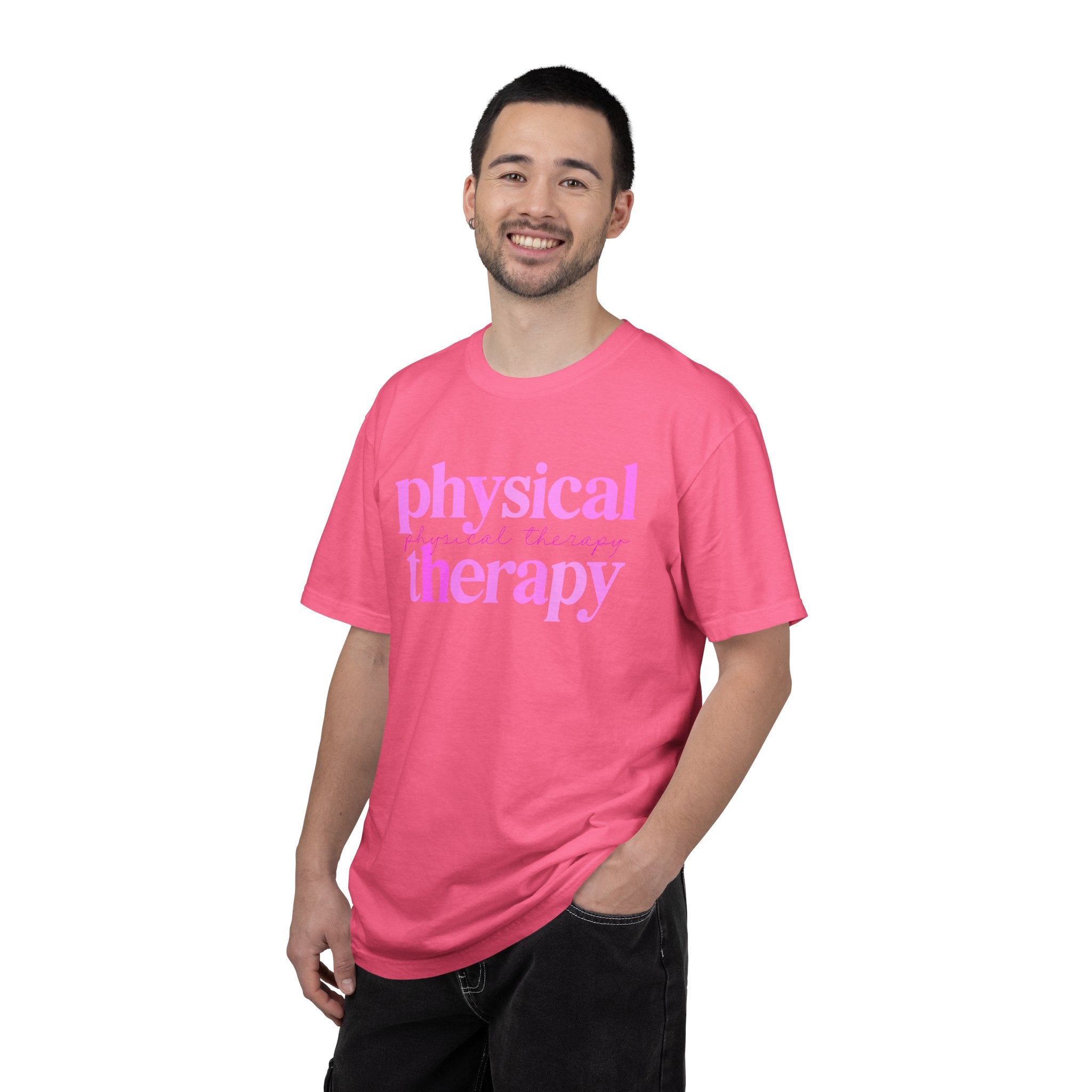 Physical Therapy T-Shirt — Pink Text Rehab Tee for Physical Therapists & Students