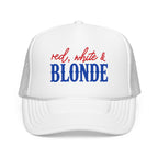 Red, White & Blonde Trucker Hat — Patriotic Blonde Foam Trucker Hat