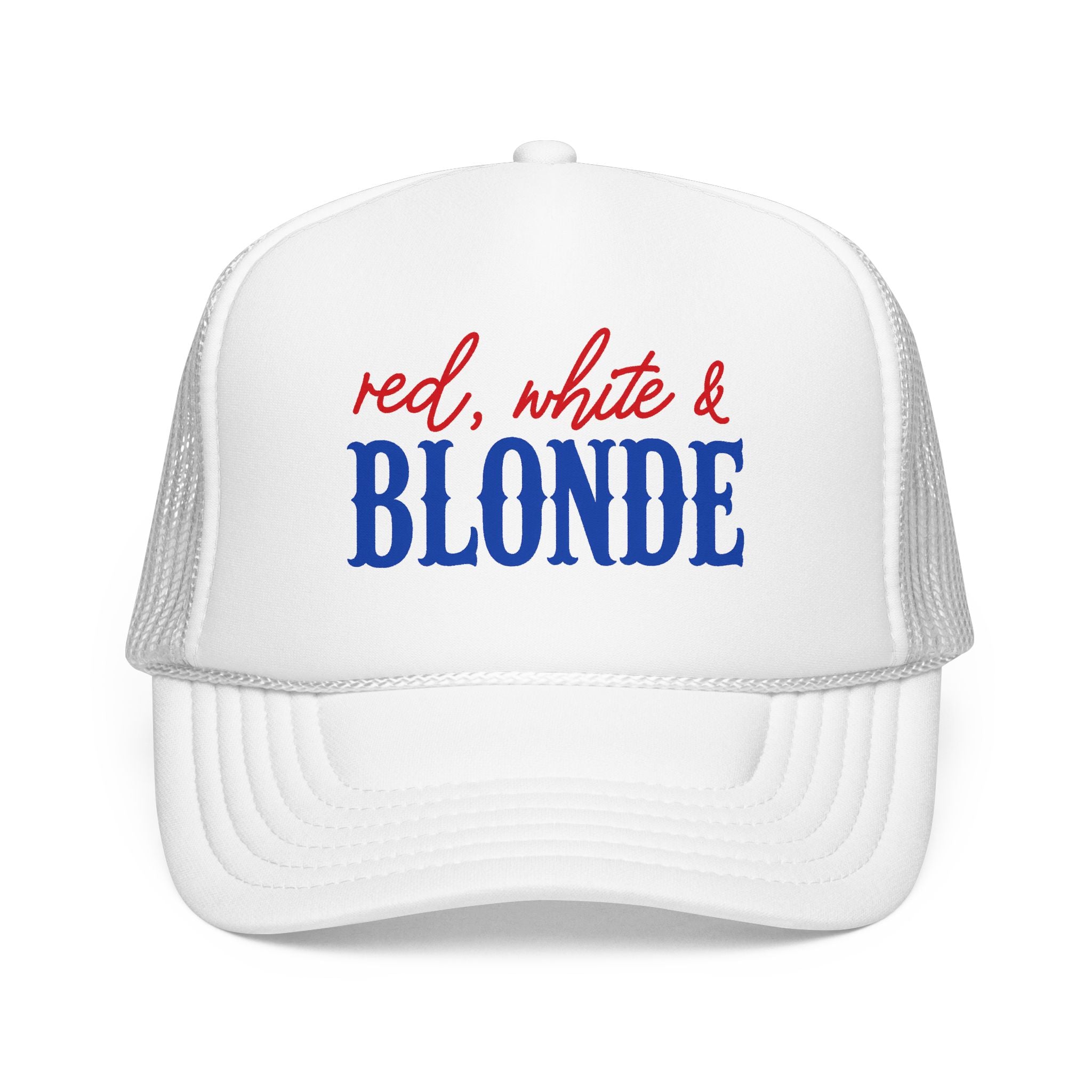 Red, White & Blonde Trucker Hat — Patriotic Blonde Foam Trucker Hat