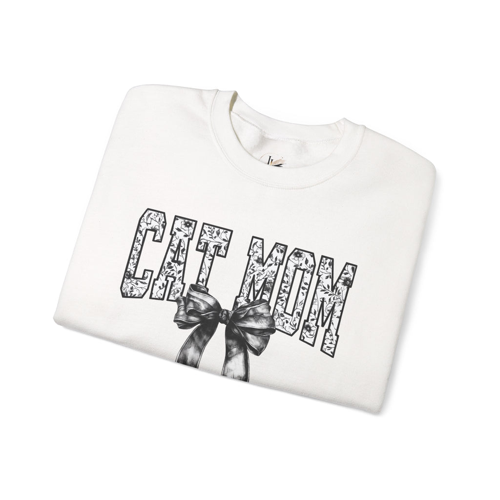 Cat Mom Crewneck Sweatshirt — Floral Lettering with Bow