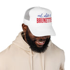 Red, White & Brunette Trucker Hat — Patriotic Foam Mesh Cap for Women