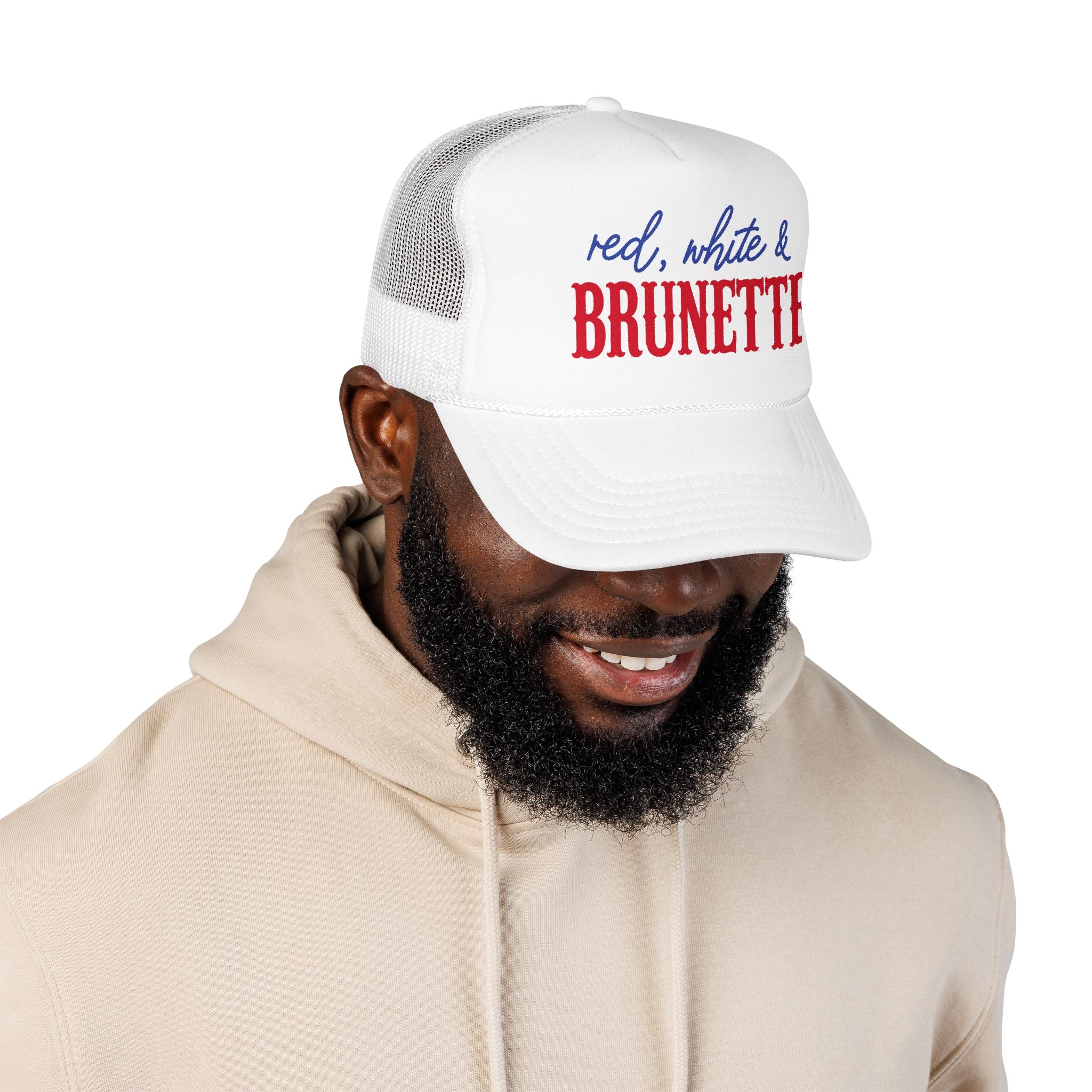 Red, White & Brunette Trucker Hat — Patriotic Foam Mesh Cap for Women