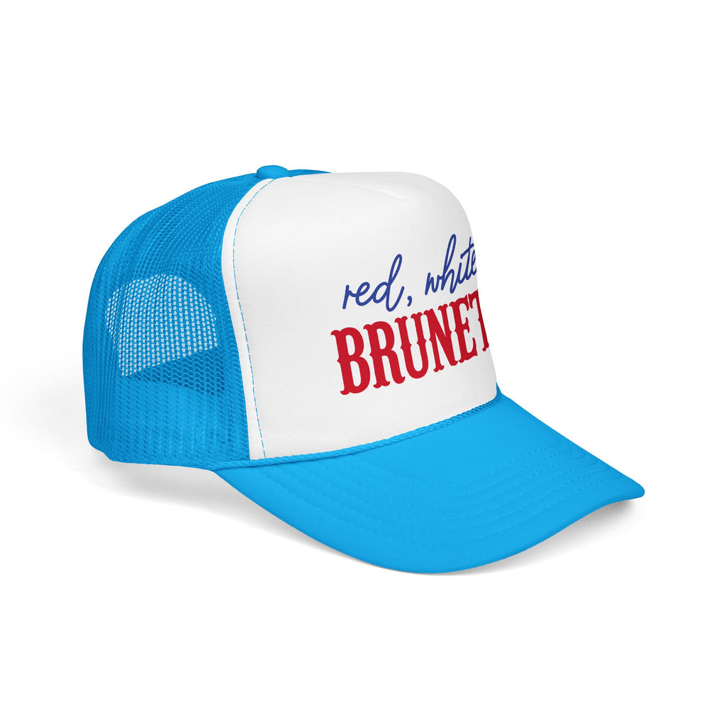 Red, White & Brunette Trucker Hat — Patriotic Foam Mesh Cap for Women