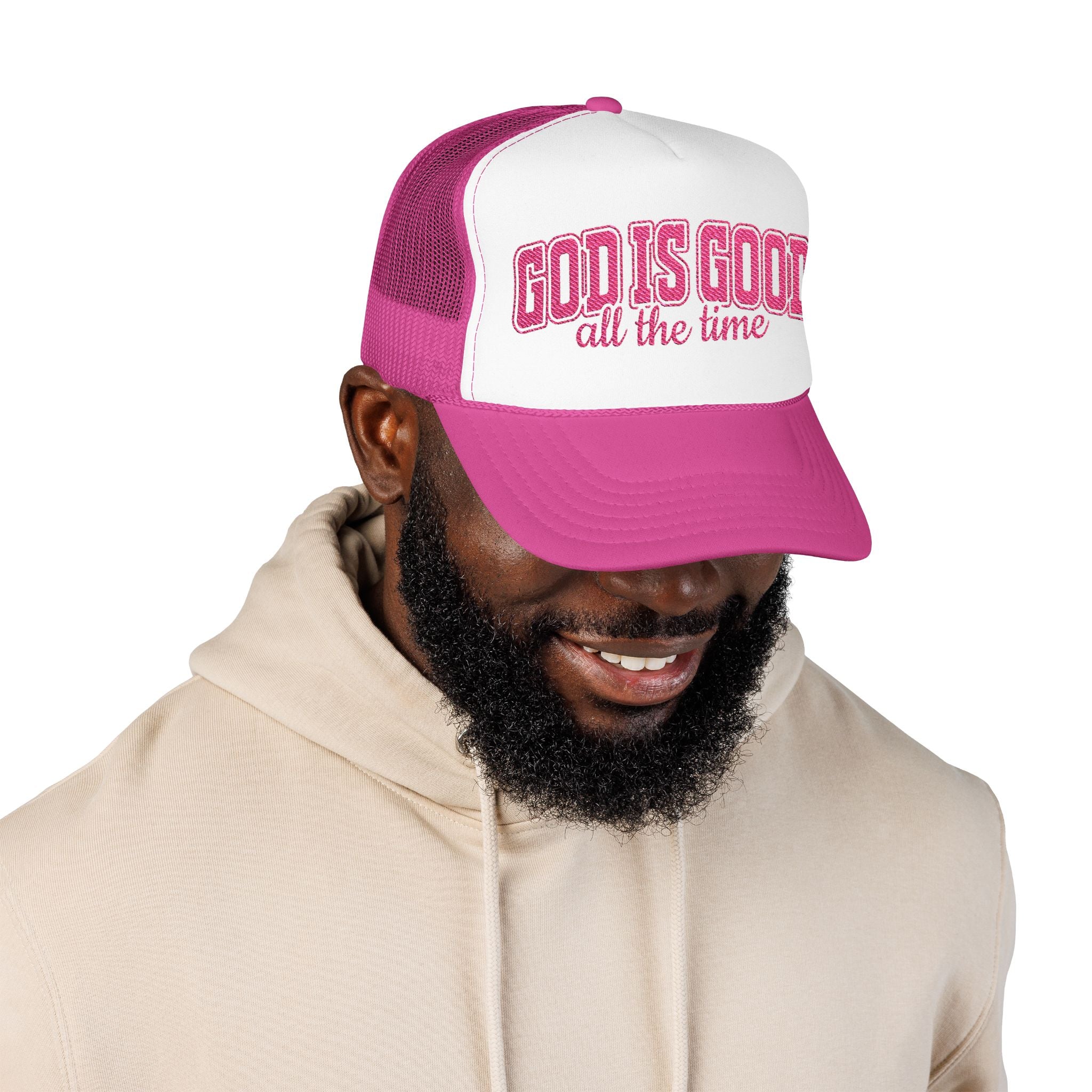 God Is Good Trucker Hat — Hot Pink Design