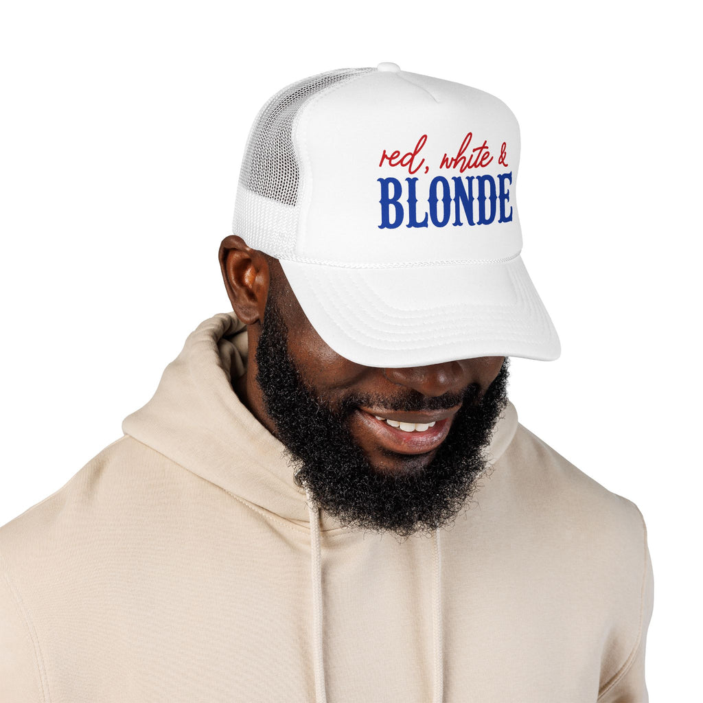 Red, White & Blonde Trucker Hat — Patriotic Blonde Foam Trucker Hat