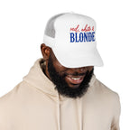 Red, White & Blonde Trucker Hat — Patriotic Blonde Foam Trucker Hat