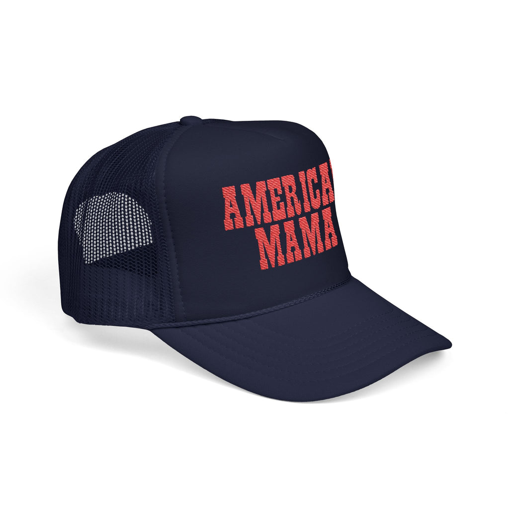 American Mama Trucker Hat - Vintage Red Distressed Foam Mesh Cap for Patriotic Moms