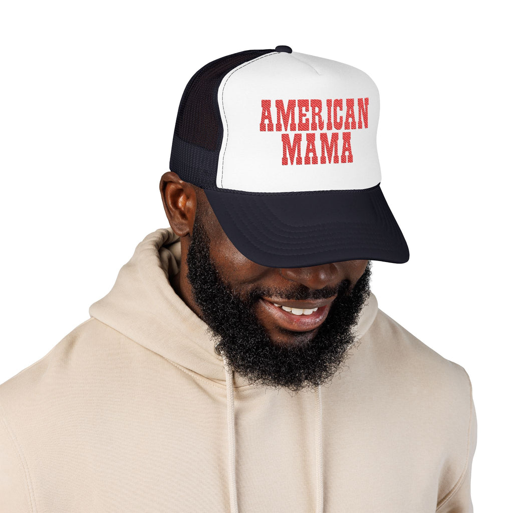 American Mama Trucker Hat - Vintage Red Distressed Foam Mesh Cap for Patriotic Moms