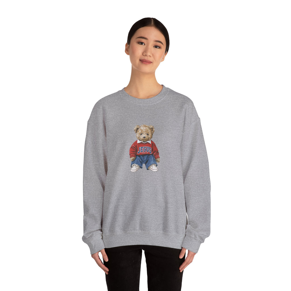 Crewneck Sweatshirt — Teddy Bear Wearing 'Jesus' Sweater Christian Graphic
