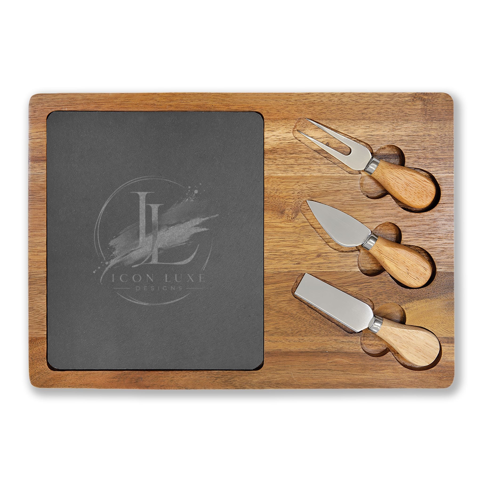 Custom Engraved Acacia Charcuterie Board with Slate Insert & Cheese Tools