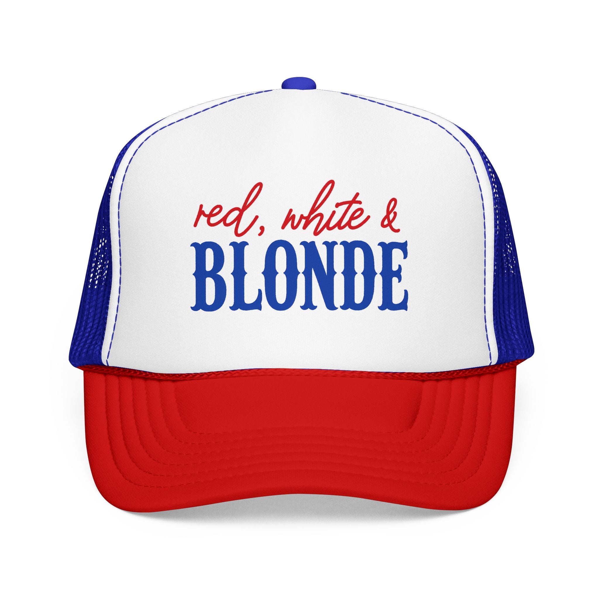 Red, White & Blonde Trucker Hat — Patriotic Blonde Foam Trucker Hat