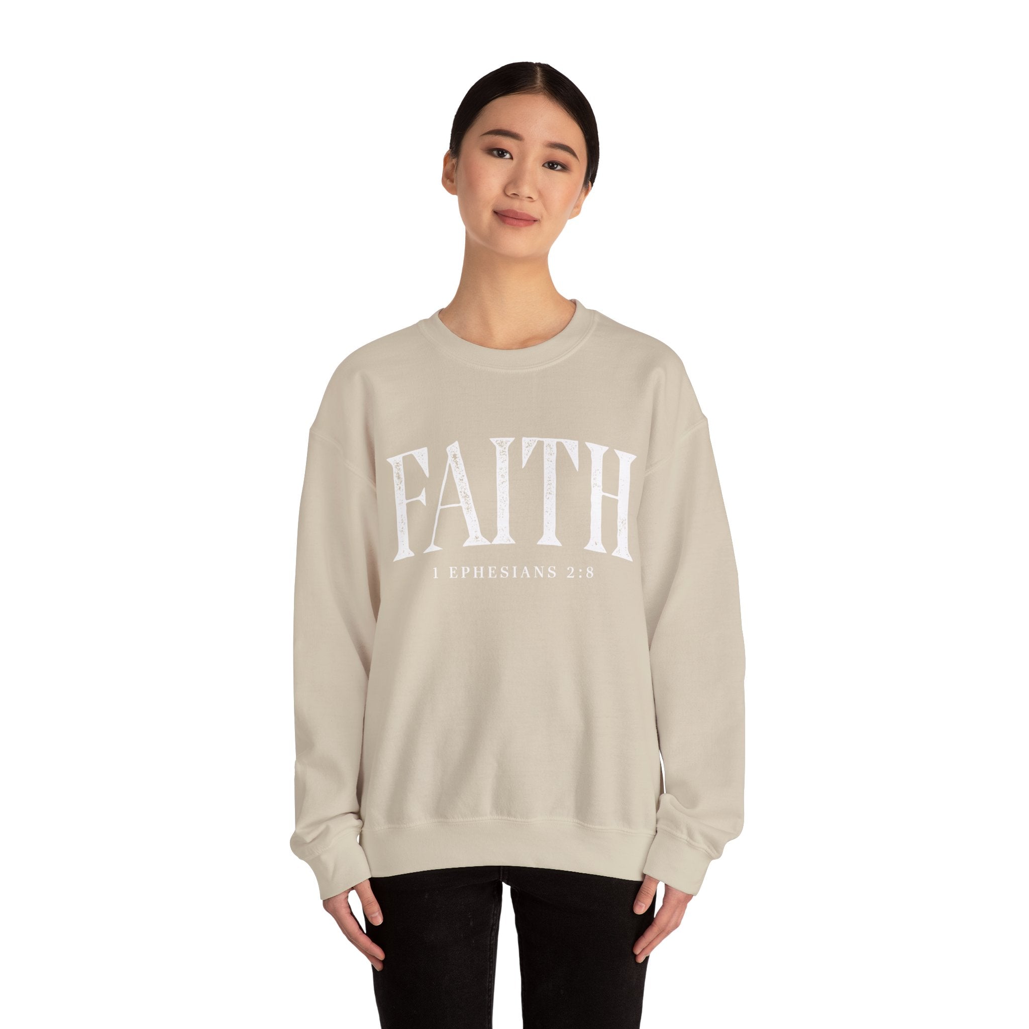 Faith Crewneck Sweatshirt — "Faith" with 1 Ephesians 2:8 Christian Pullover