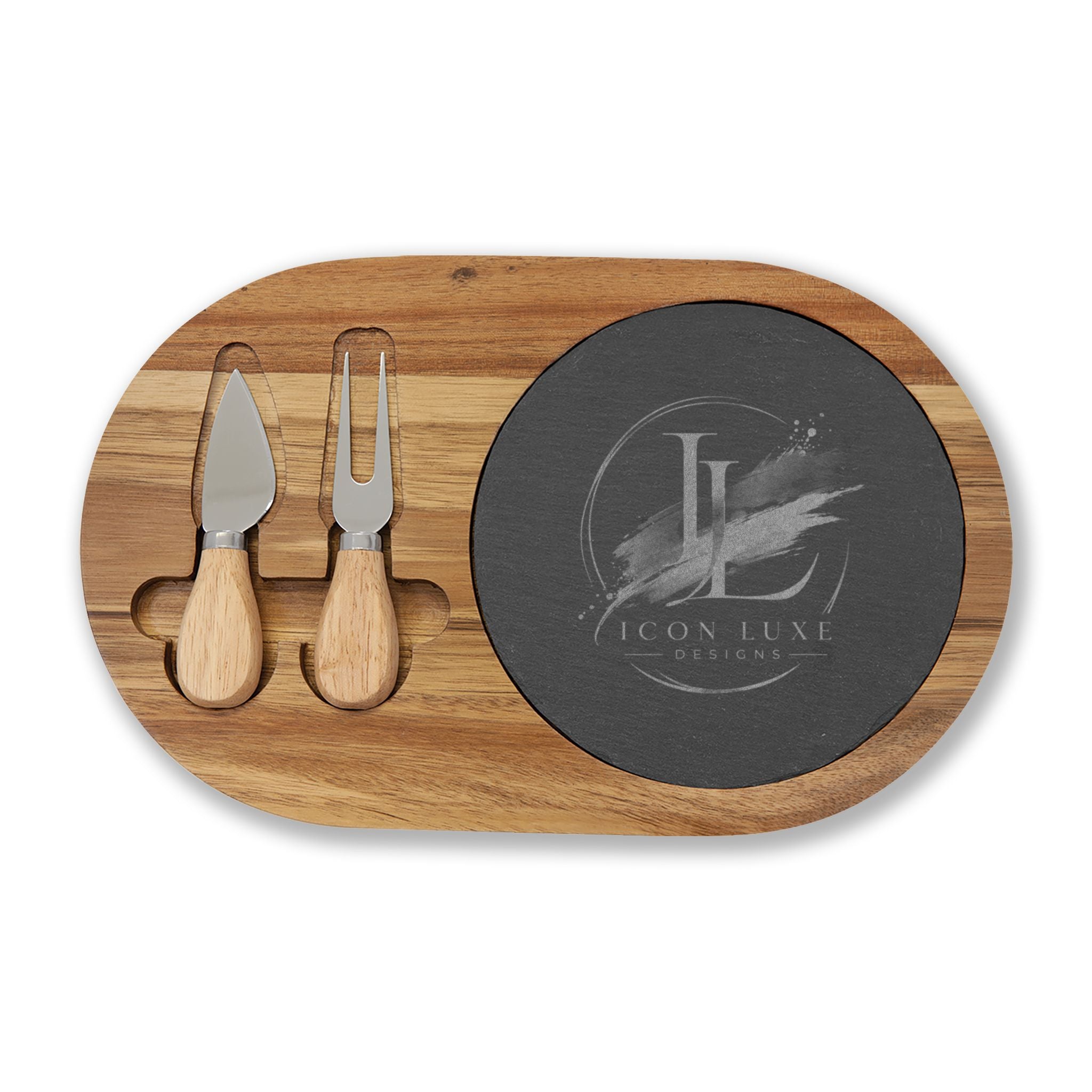 Custom Engraved Acacia Charcuterie Board with Slate Insert & Cheese Tools