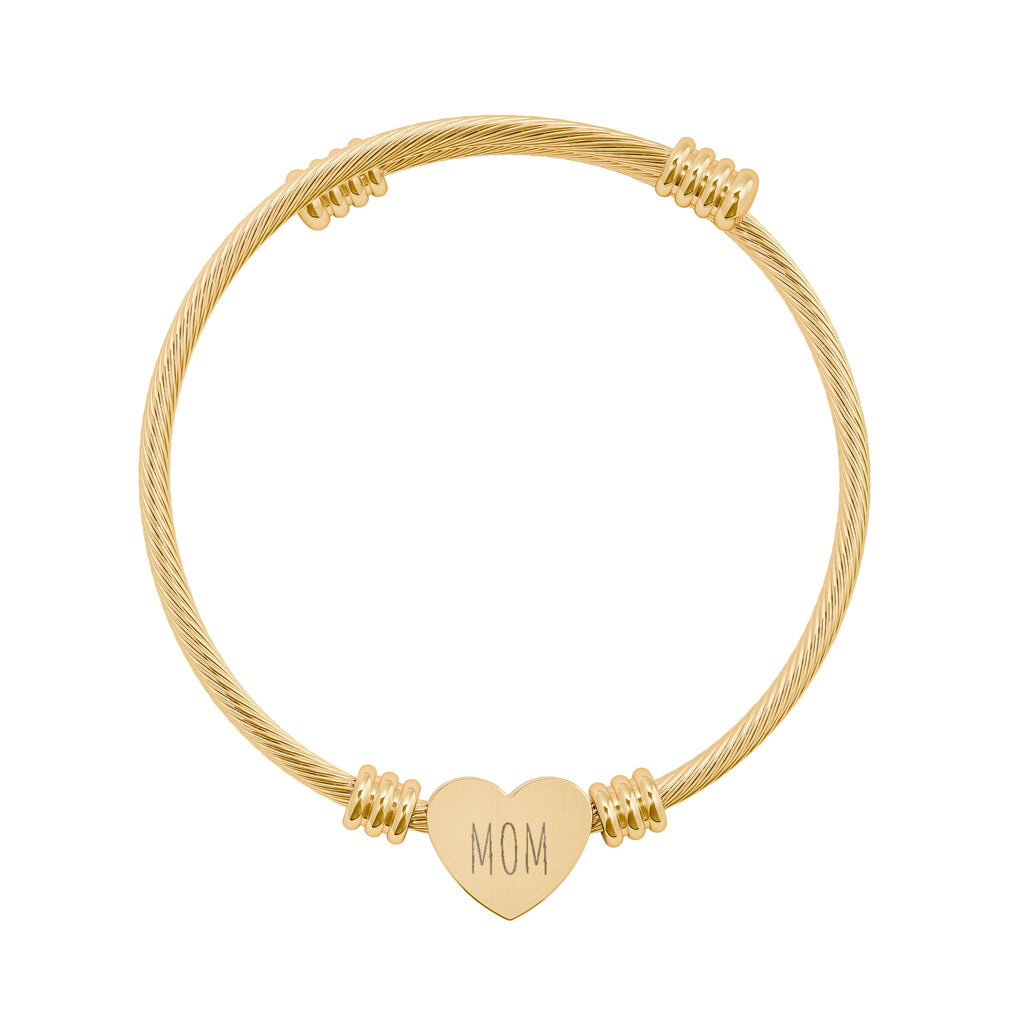 Customized Engravable Heart Cuff Bracelet — Personalized Initials Stainless Steel Bangle (Silver or Gold)