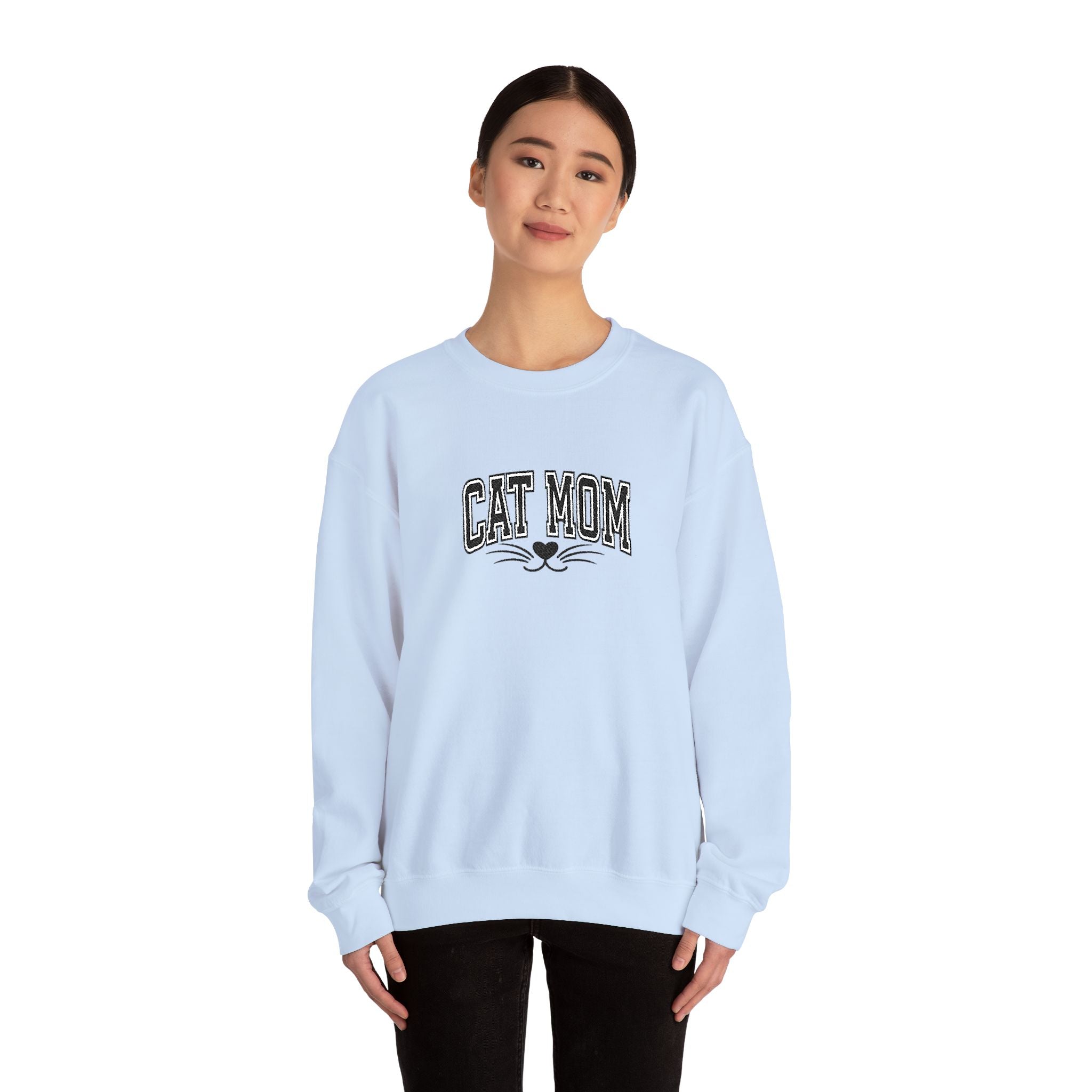 Cat Mom Crewneck Sweatshirt — Vintage Script Cat Face Graphic