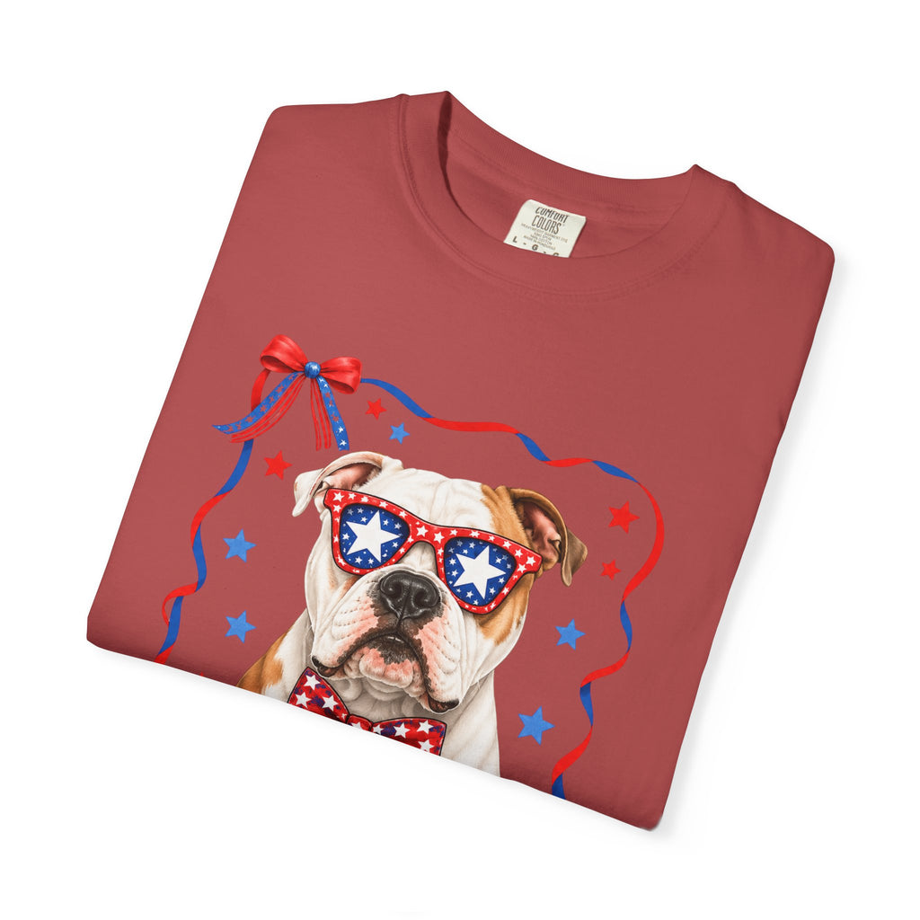 T-Shirt | 'Merica Patriotic Dog Graphic Tee – American Flag Sunglasses & Bow Tie