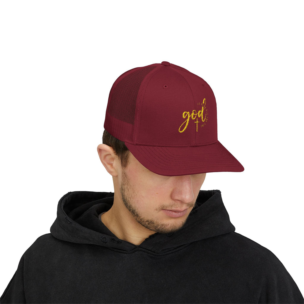 God Script Trucker Cap — Gold Sparkle Faith Snapback